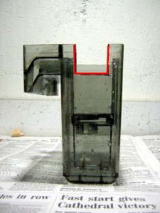 Side of filter with refugium opening cut.  The cut is outlined in red.