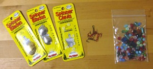 From left to right; spinner blades, spinner clevis, treble hooks, and beads.